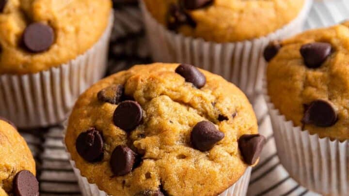 Banana Chocolate Chip Muffins on a cooling rack