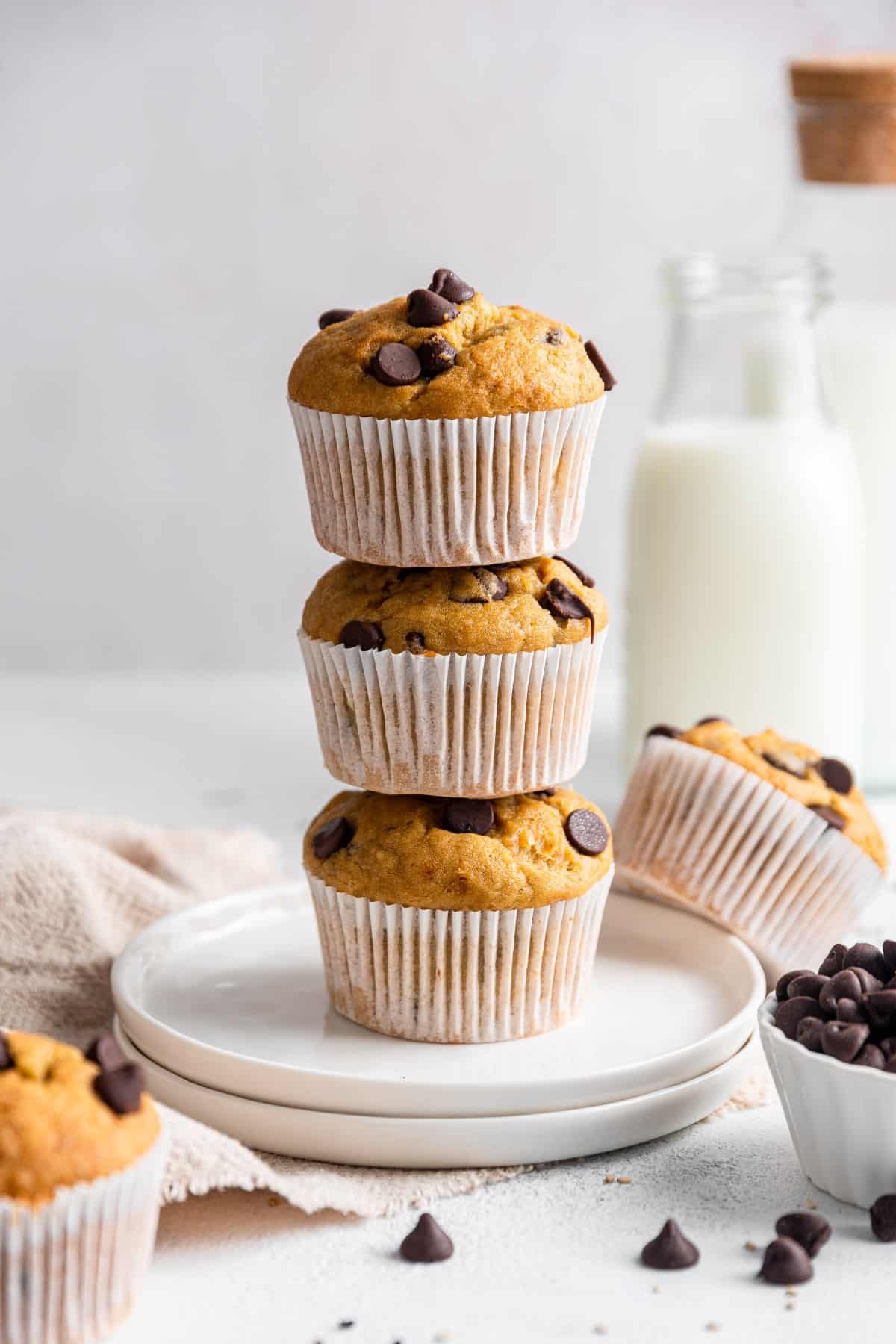 Three muffins on top of each other. 