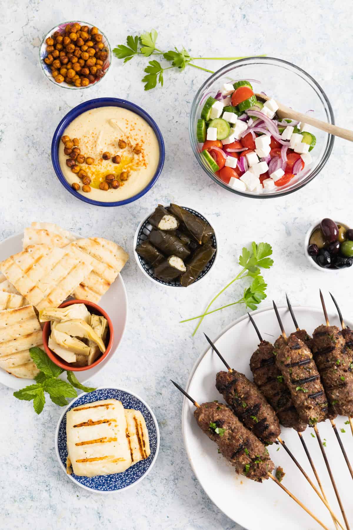 Ingredients and dishes to make a Mezze platter