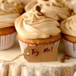 Coffee Cupcakes on an overturned pie plate with a try me sign.