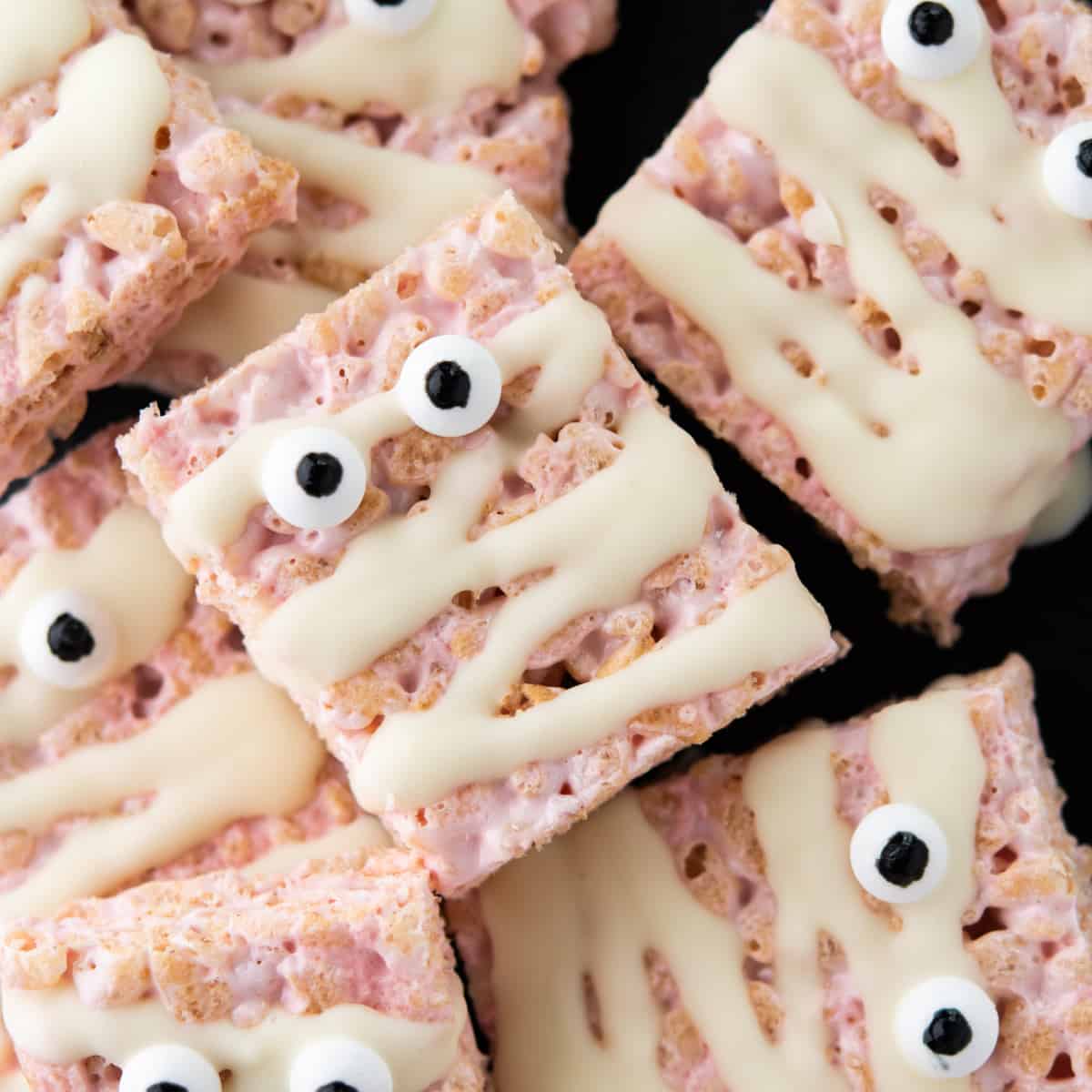 Square photo of mummy rice krispie treats from overhead. 