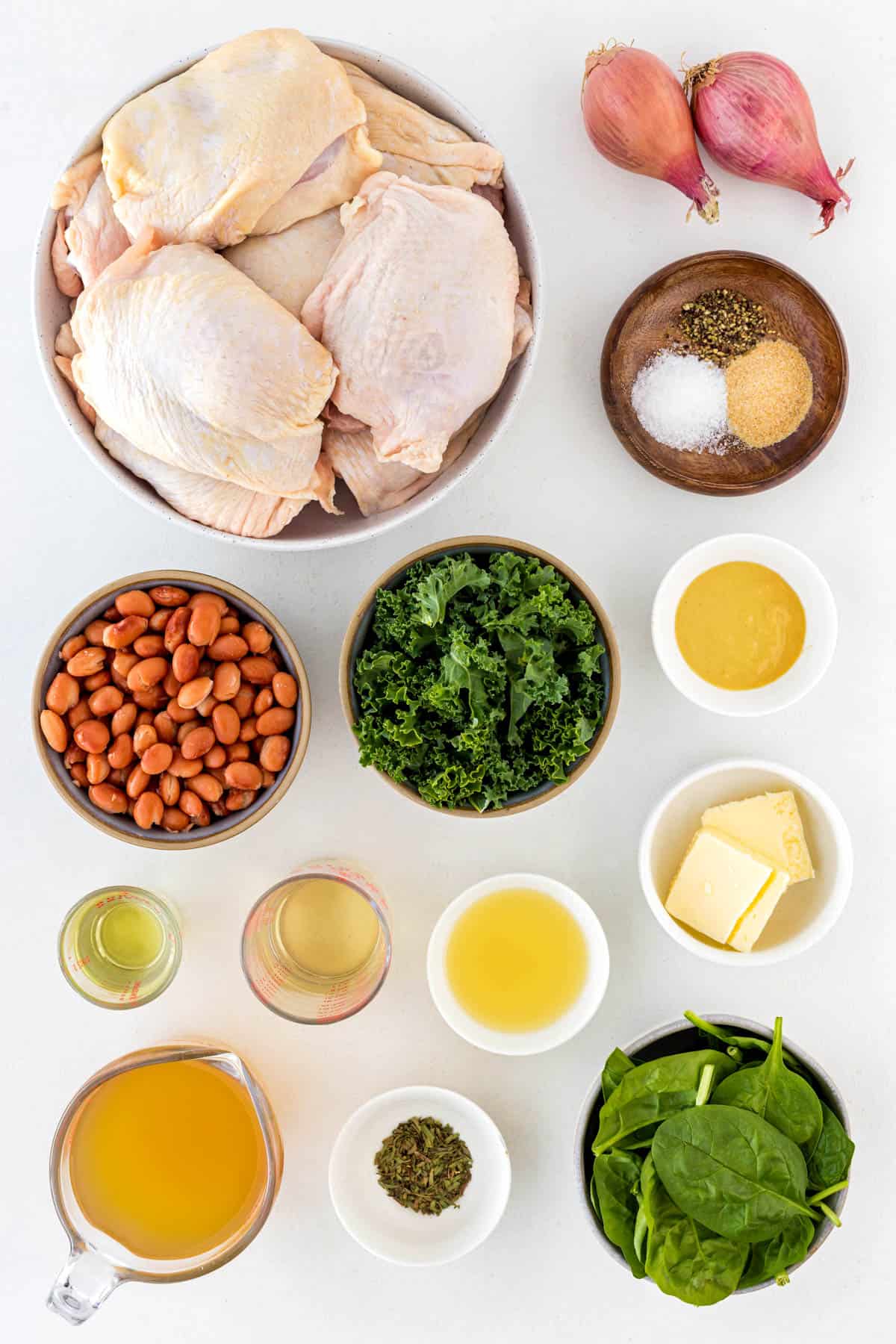 Ingredients for Skillet Chicken with Beans and Greens. 
