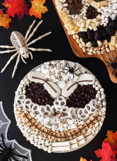 Two Halloween snack platters, one of Jack Skellington and one of a skull.
