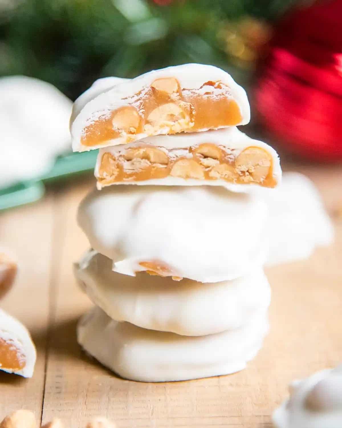 Polar Bear Claw candies stacked up with the top one cut in half.