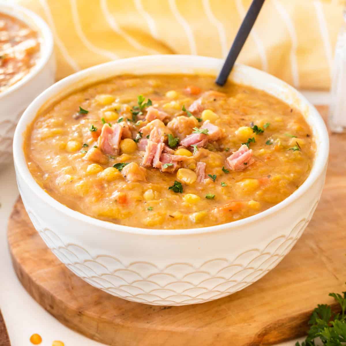 A hearty bowl of split pea and ham soup. 