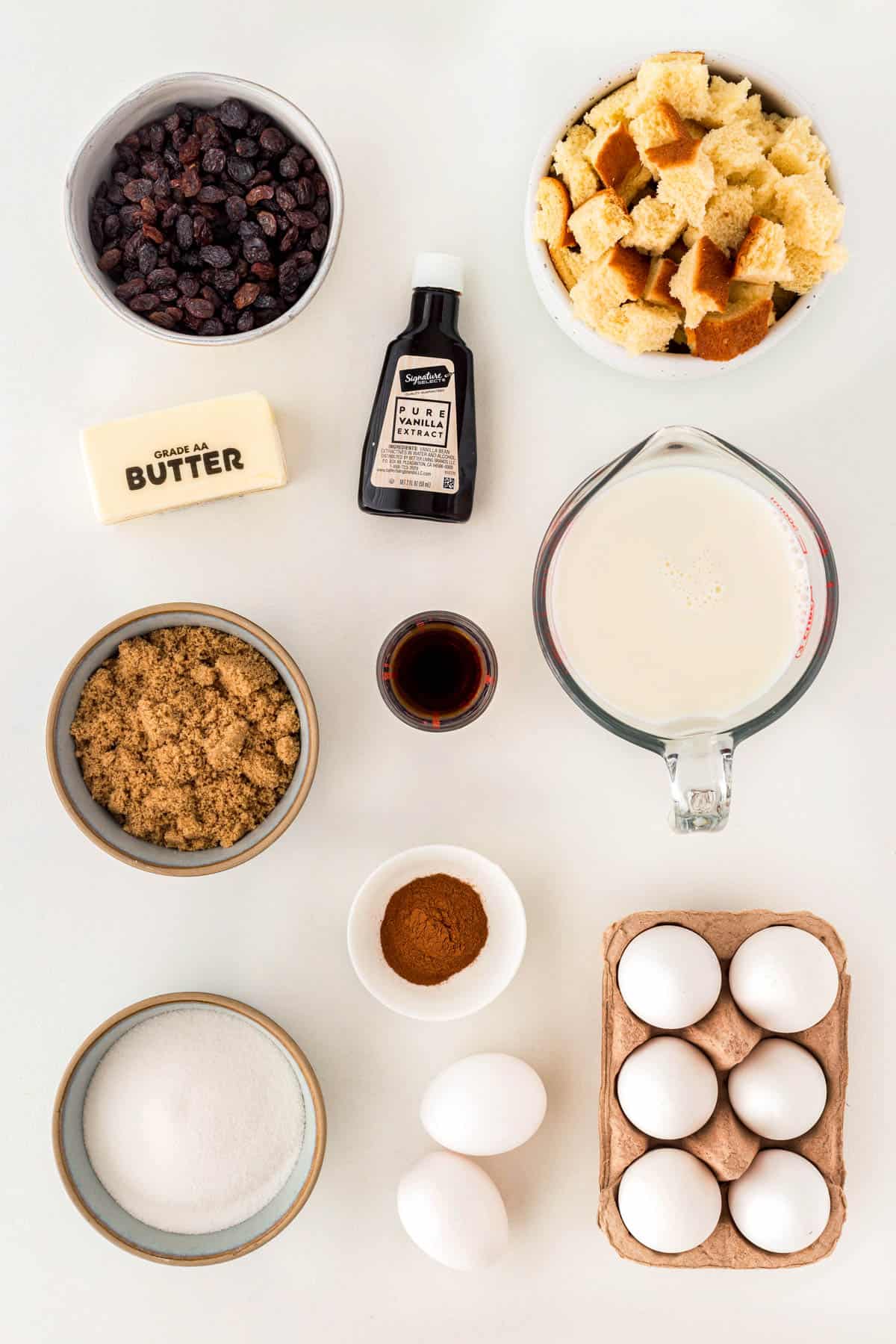 Ingredients for bread pudding recipe: rum and raisin. 