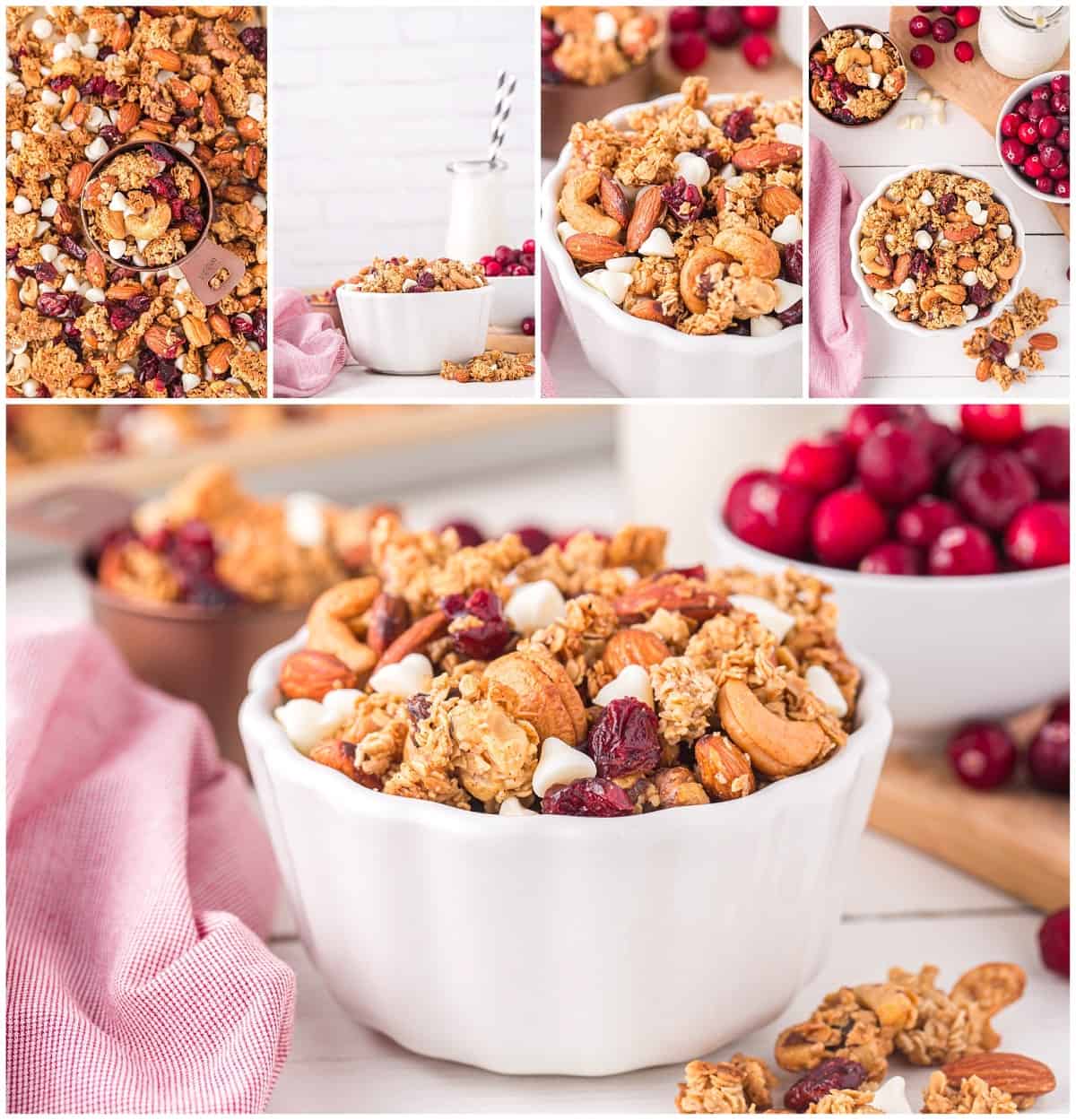 Collage of different pictures of granola in bowls shot at different angles and one on a sheet pan from overhead. 