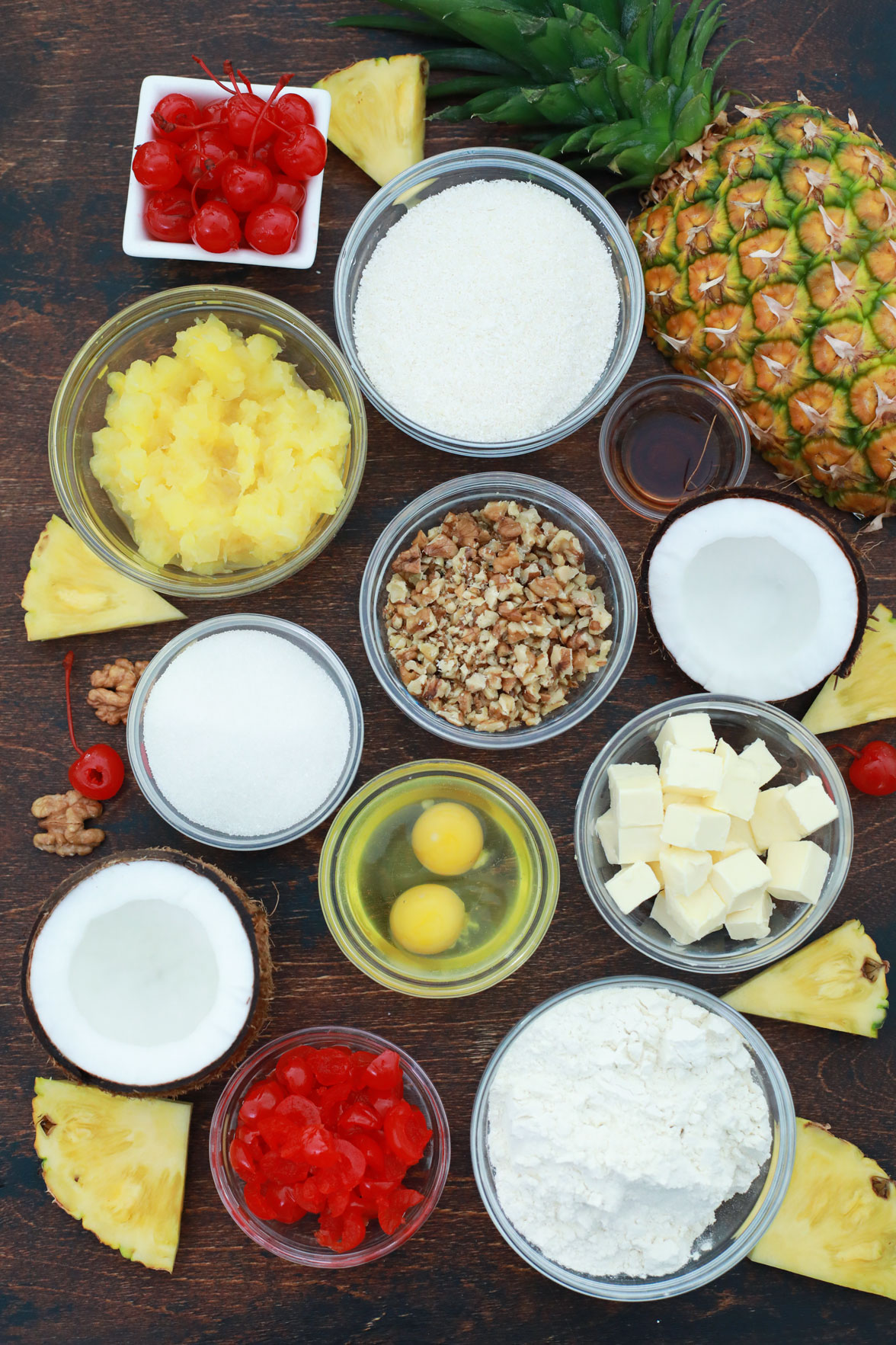 Ingredients for Pineapple Coconut Cherry Dream Bars. 