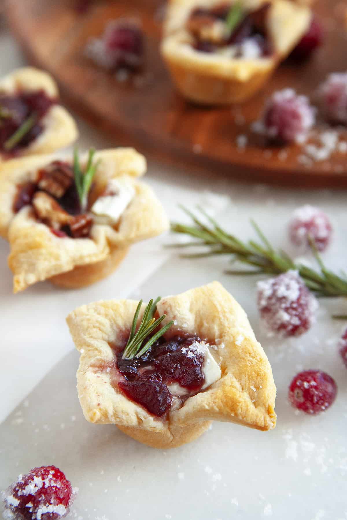 Close-up of a cranberry brie bite with others in the background plus sugared cranberries and rosemary. 