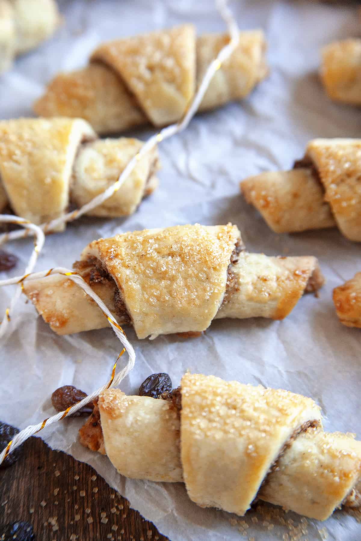 Rugelach on a parchment with string. 