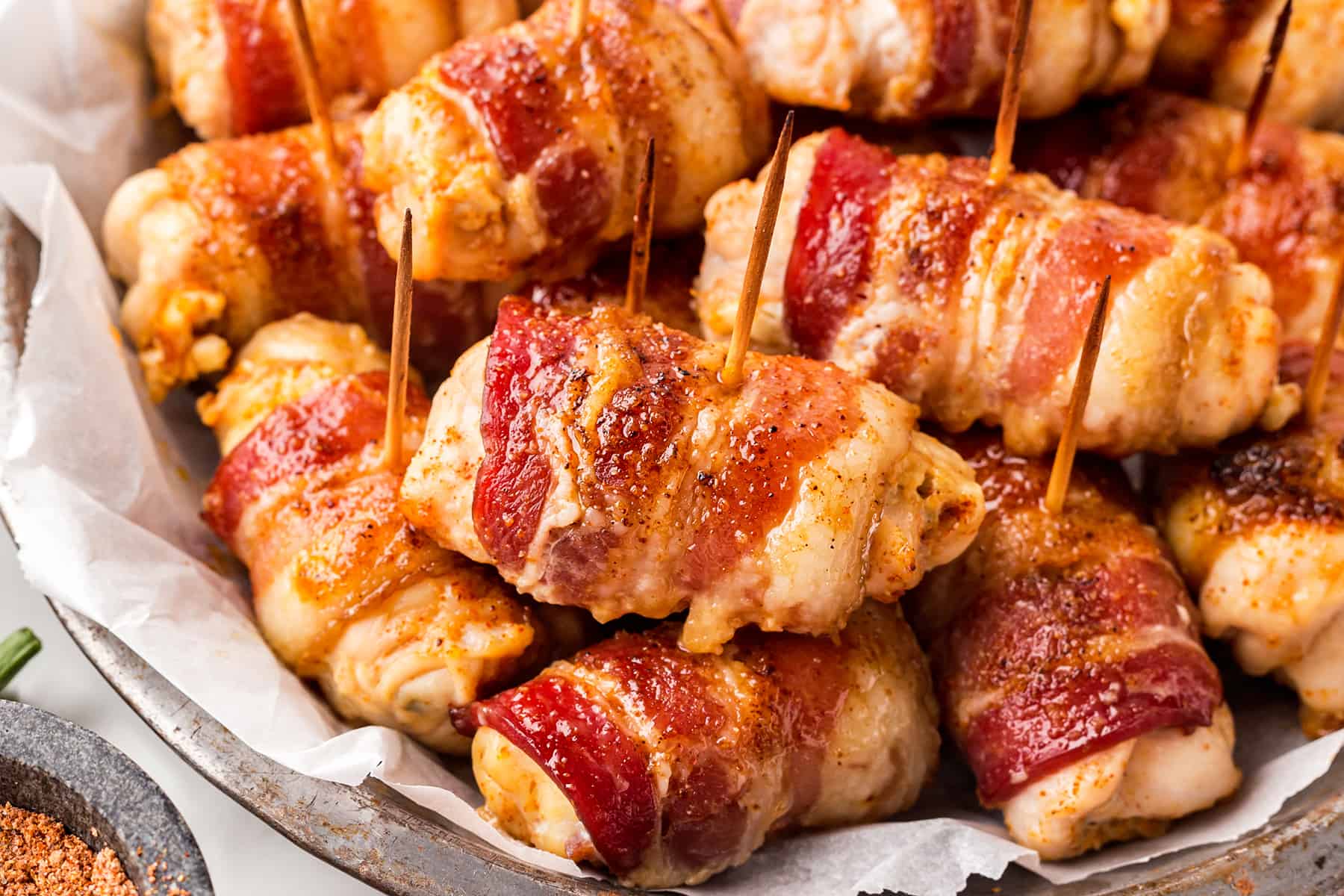 Horizontal picture of bacon chicken bites, close-up. 