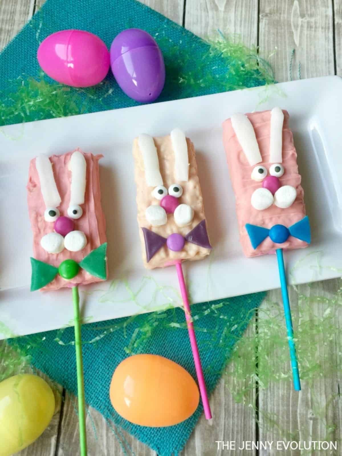 Easter bunny rice krispie treats on a stick. 