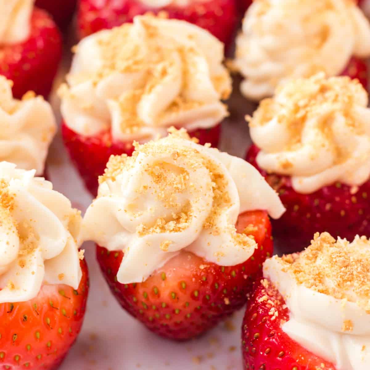 Square photo close-up of Cheesecake Stuffed Strawberries. 