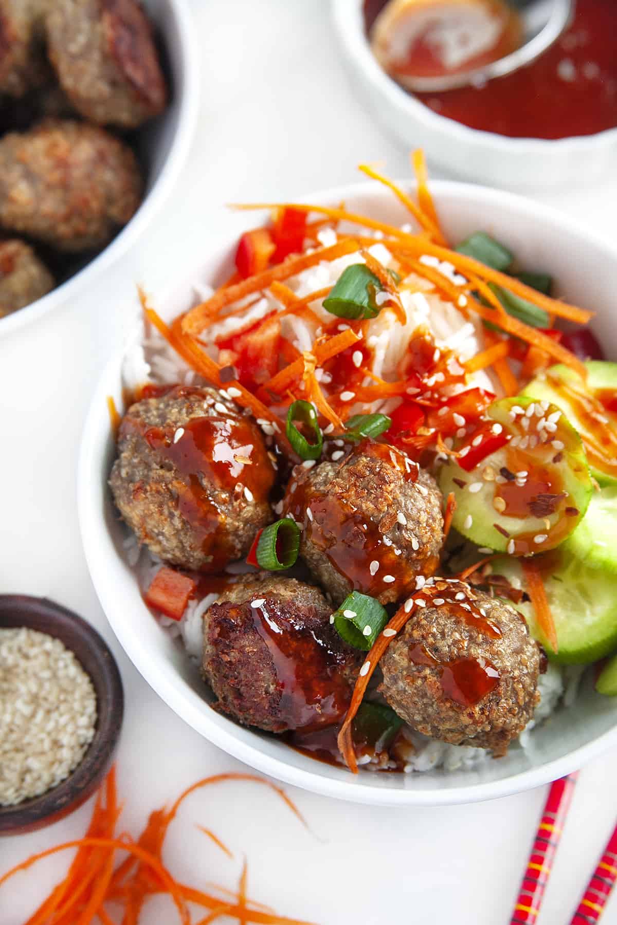 Overhead shot of a Chicken Meatball Bowl. 