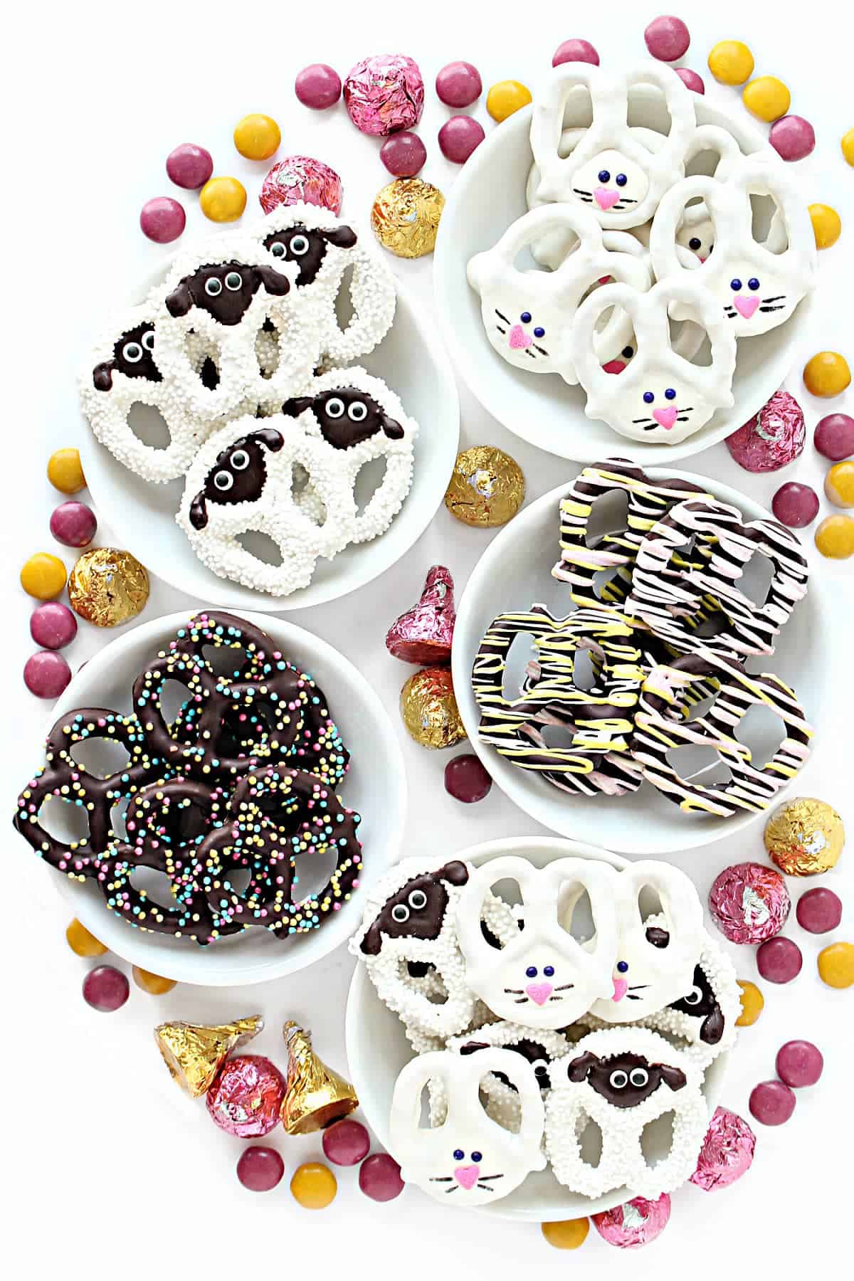 Pretzels made into bunnies, sheep, and decorated for Easter. 