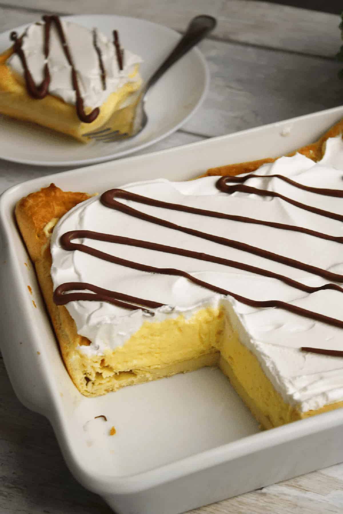 Cream puff cake in a casserole dish. 