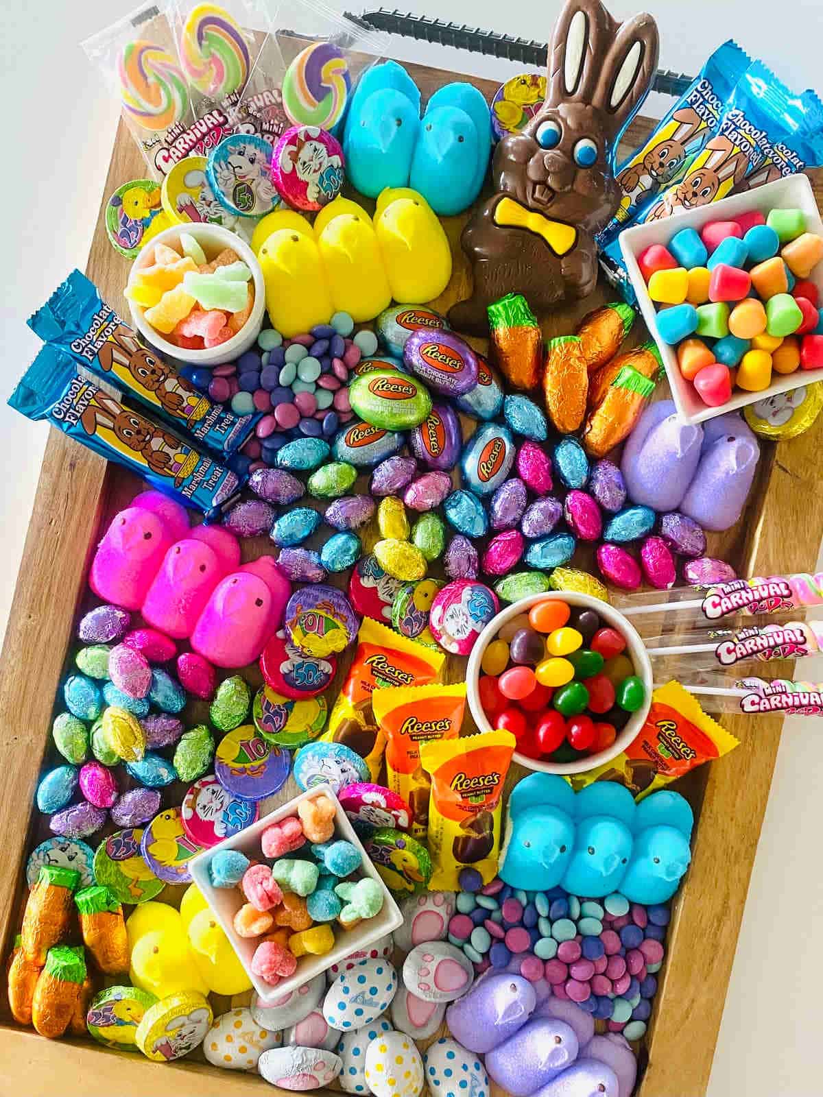 Overhead shot of an Easter candy board. 