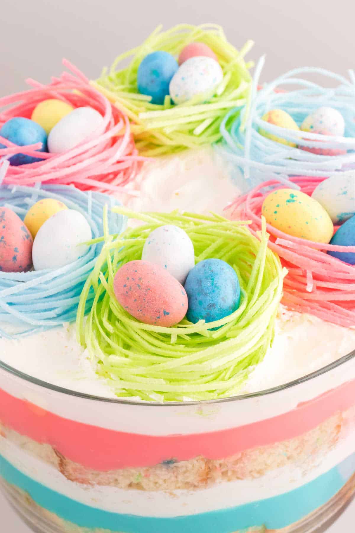 Easter trifle with candy nests on top filled with eggs. 