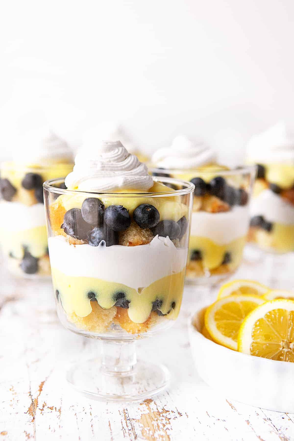 Individual Lemon Blueberry Trifles in small glasses. 