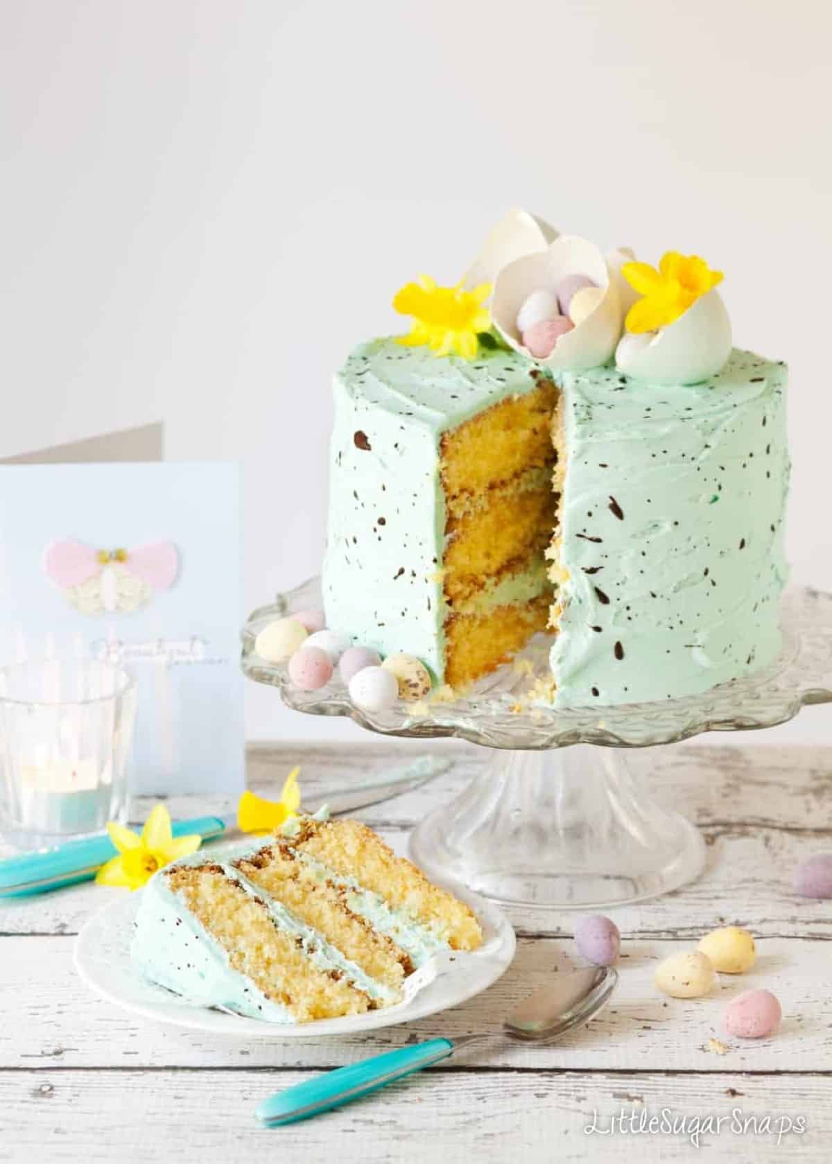 Speckled egg cake with a slice taken and put onto a plate.