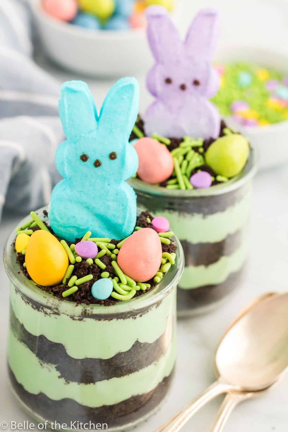Easter dirt cups with a Peep bunny on top.