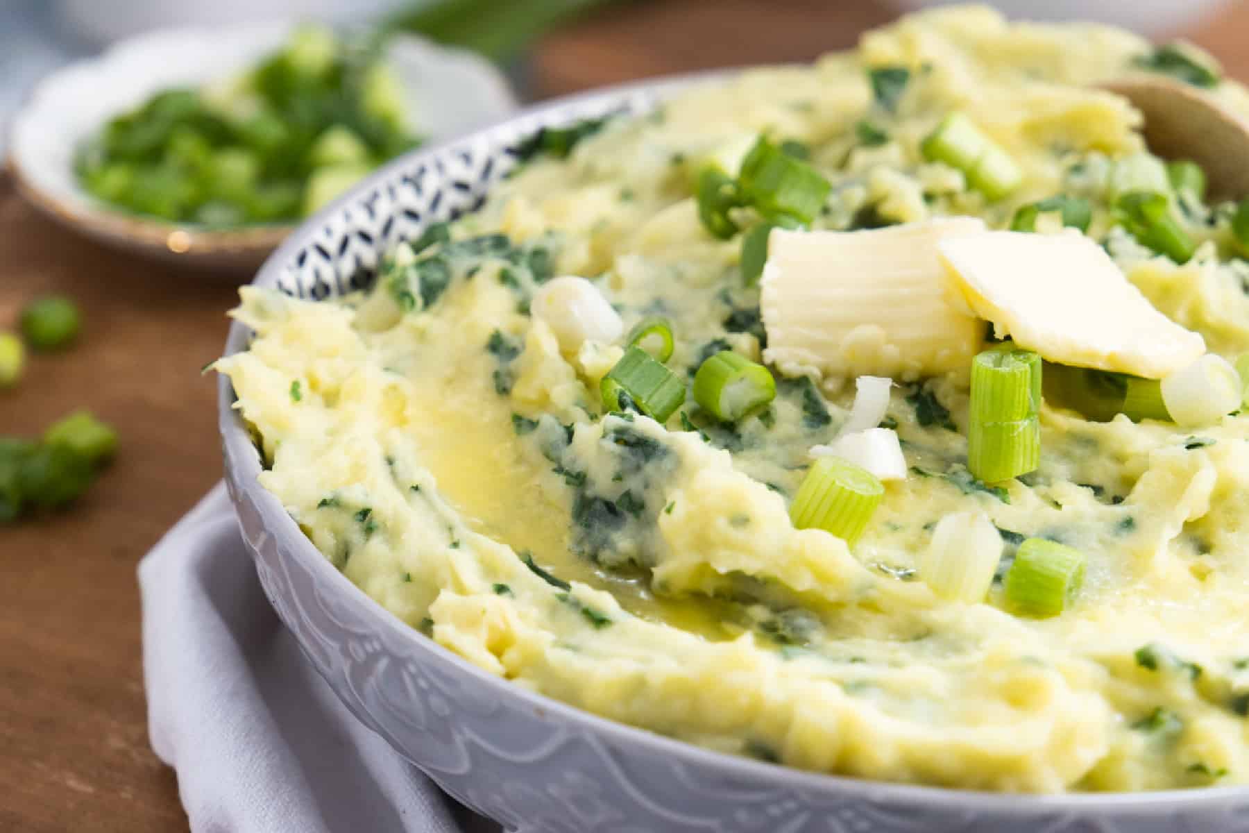 Horizontal Picture of a bowl of colcannon. 
