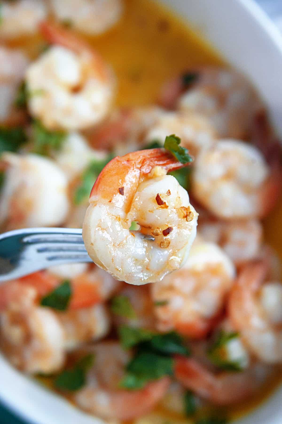 Shrimp on a fork close-up. 
