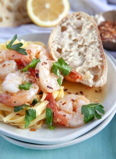 Shrimp Scampi on pasta with fresh bread.