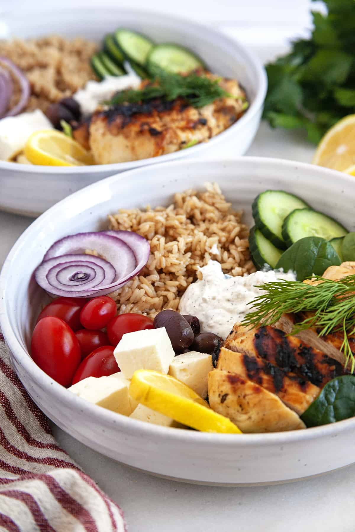 Front view of Greek Chicken Bowls. 