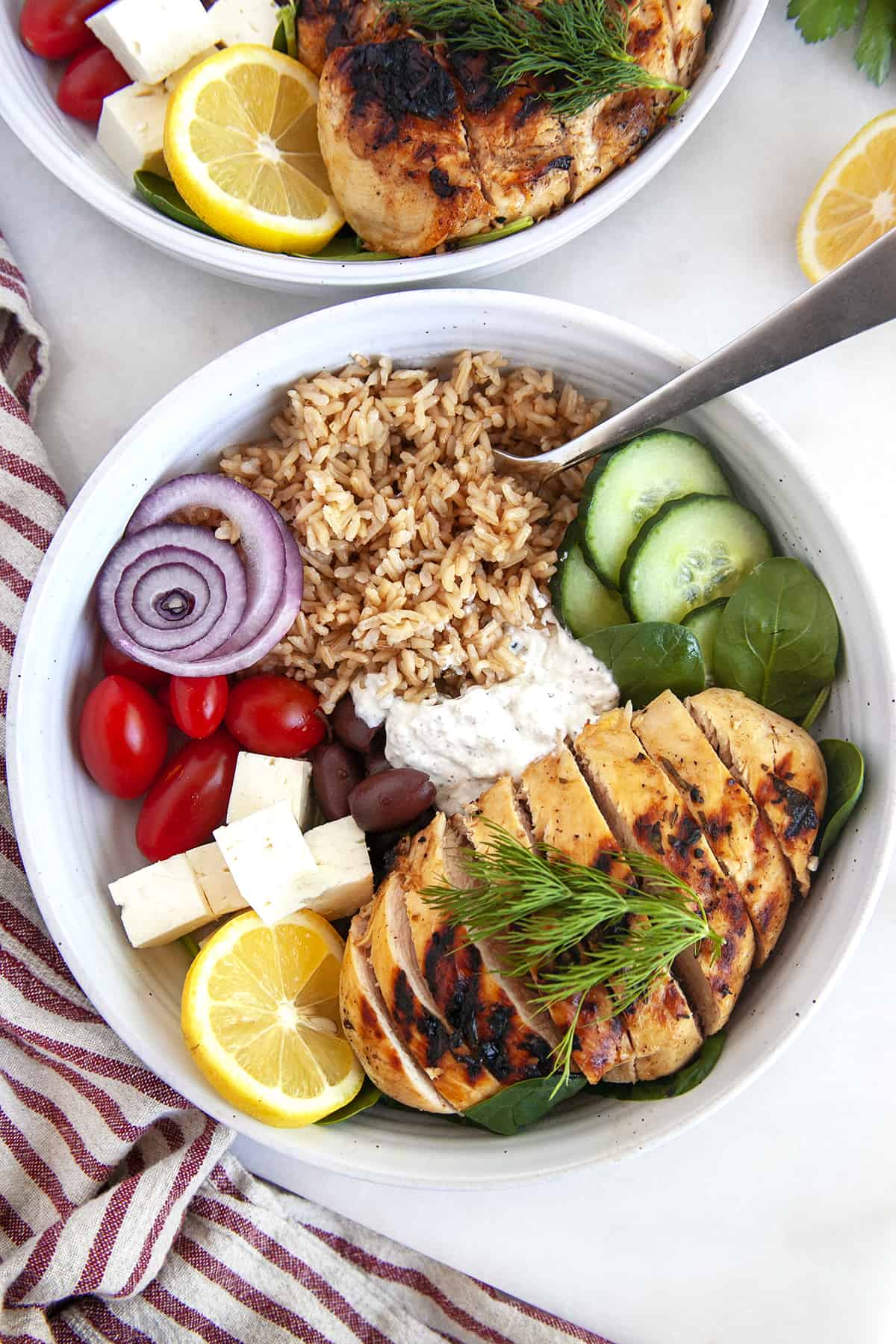 Overhead shot of Greek Chicken Bowls. 