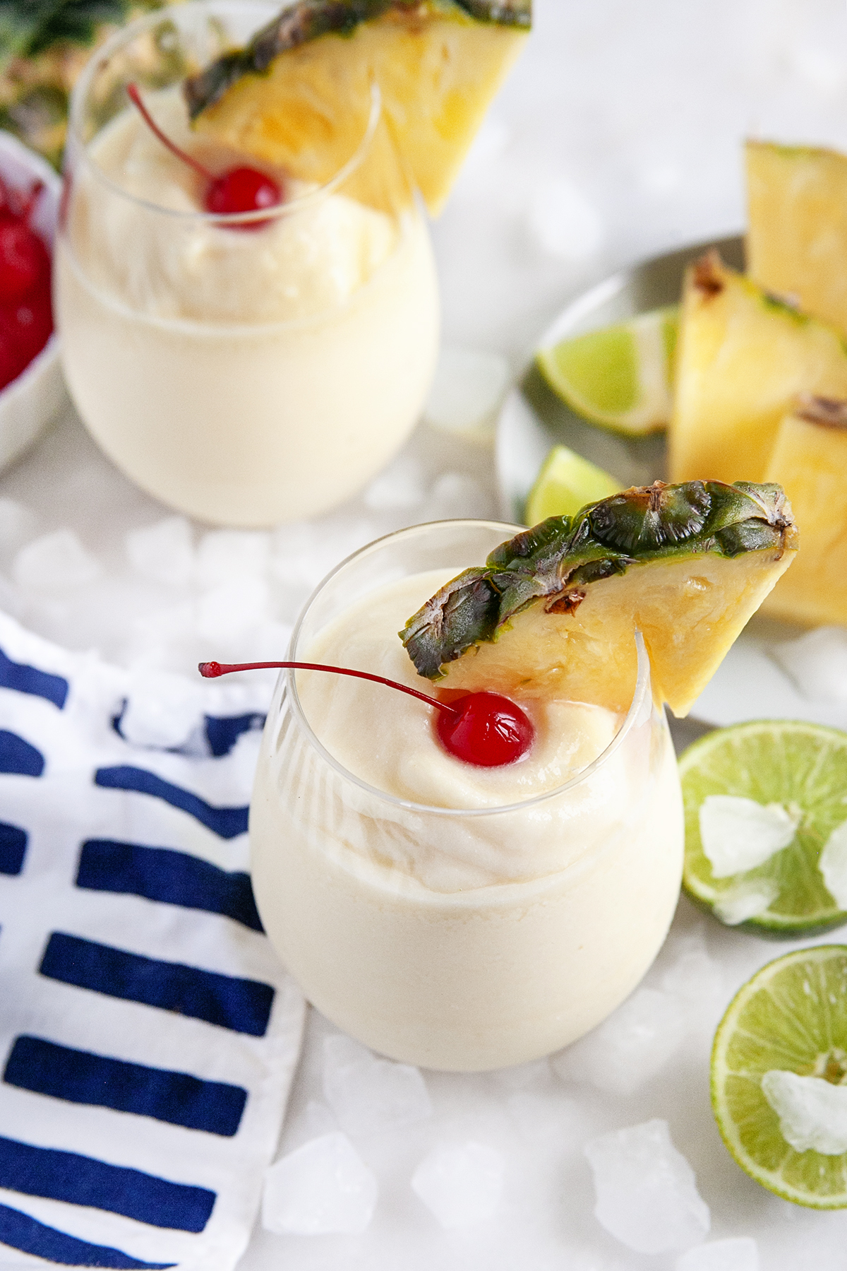 Slight overhead shot of virgin pina coladas. 