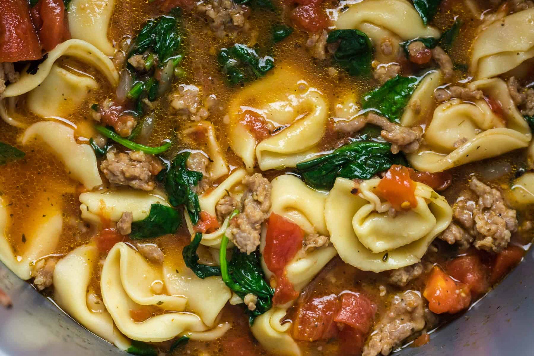 Horizontal view of tortellini soup close-up. 