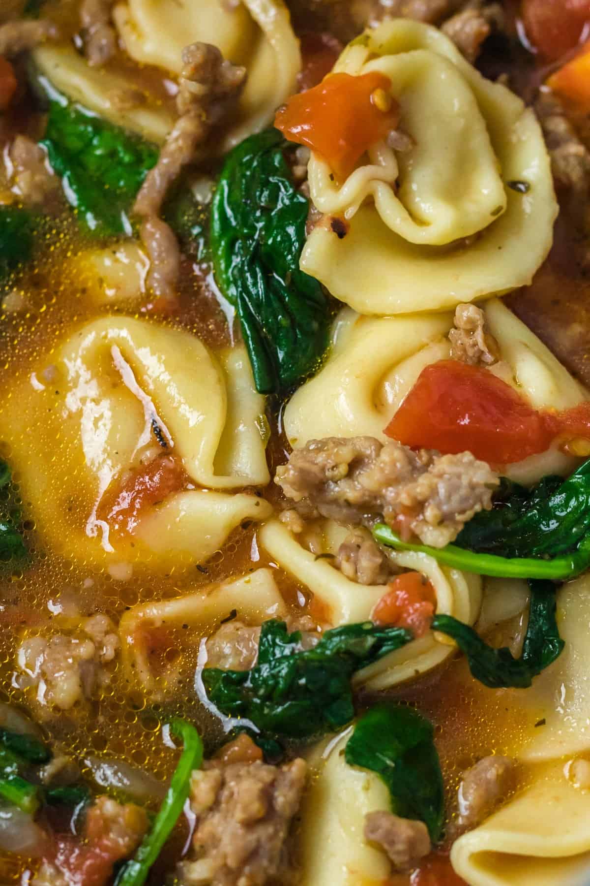Close-up of Instant Pot Tortellini Soup with Sausage. 