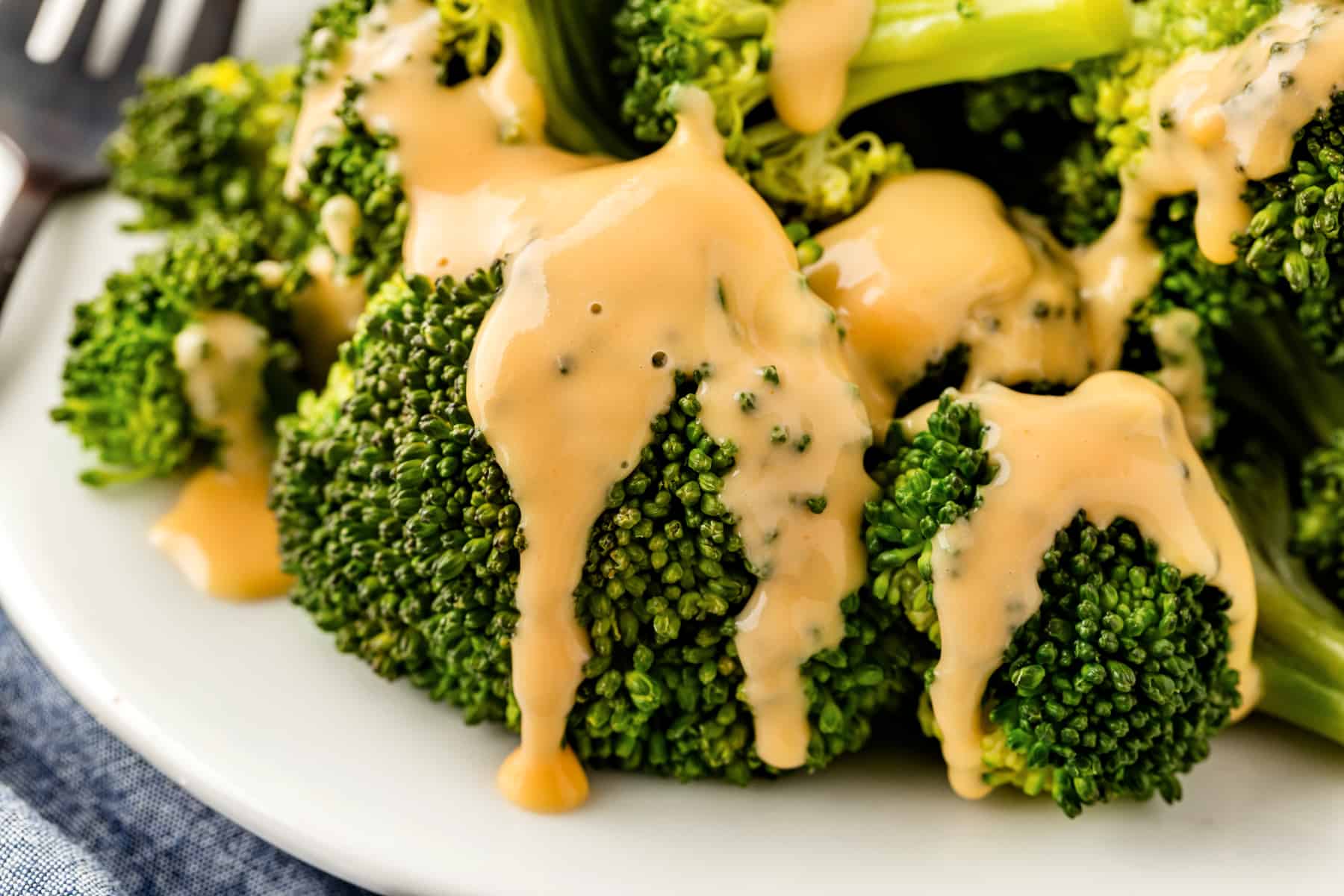 Horizontal closeup shot of cheese sauce over broccoli on white plate.