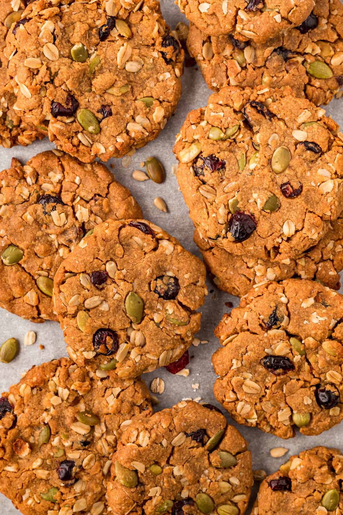 Overhead shot of healthy breakfast cookies stacked onto each other. 