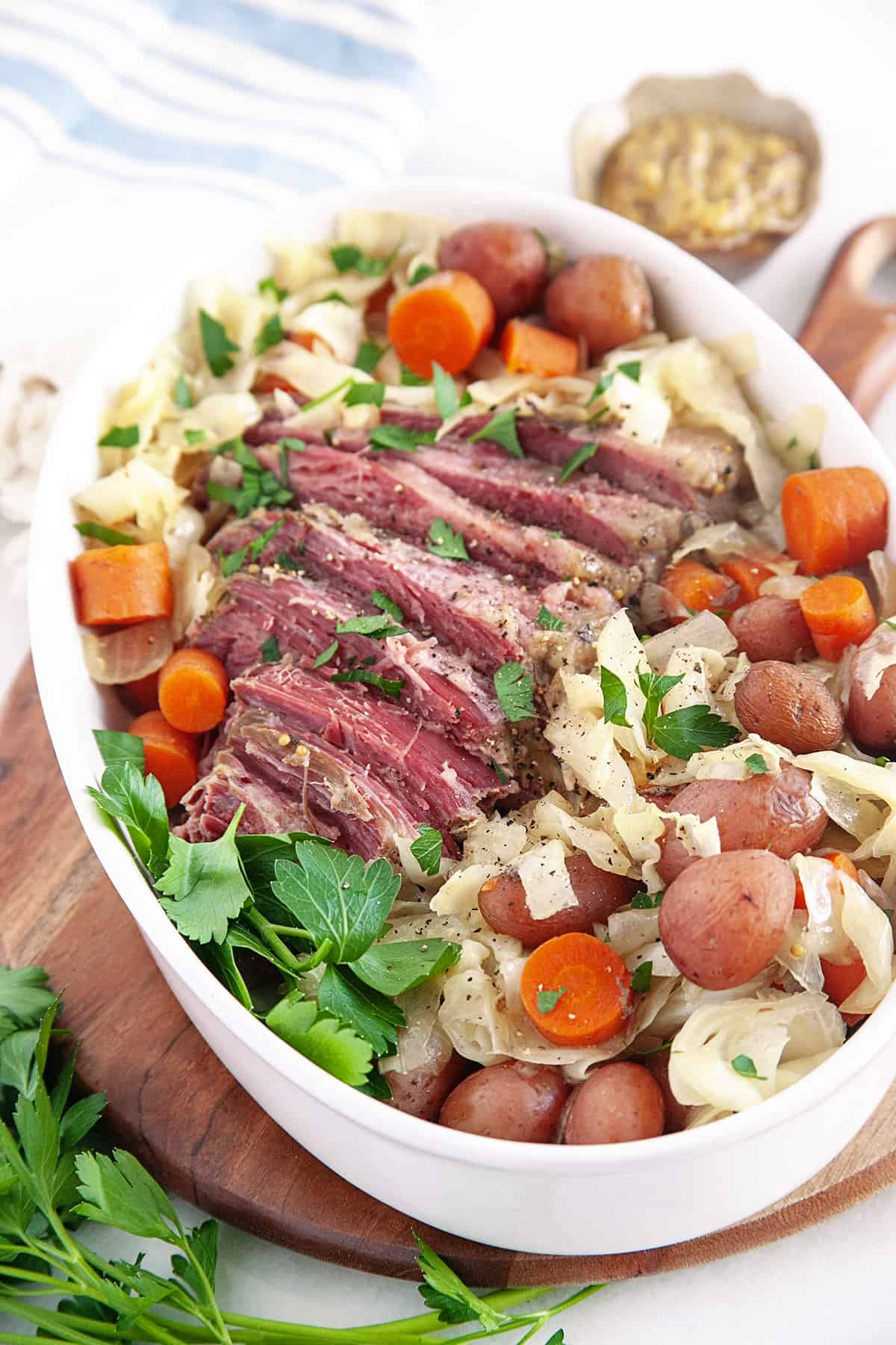 More of a front view of corned beef dinner in a casserole. 
