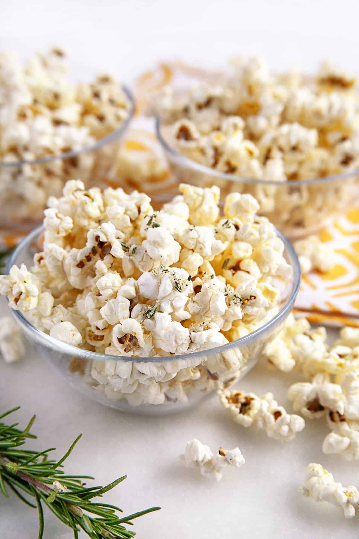Popcorn in small glass bowls. 
