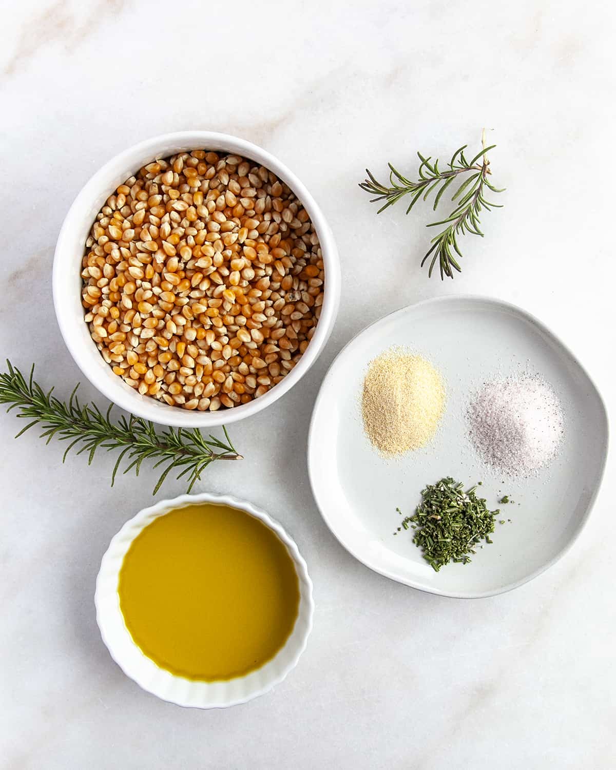 Ingredients for Olive Oil Popcorn - Garlic and Rosemary.