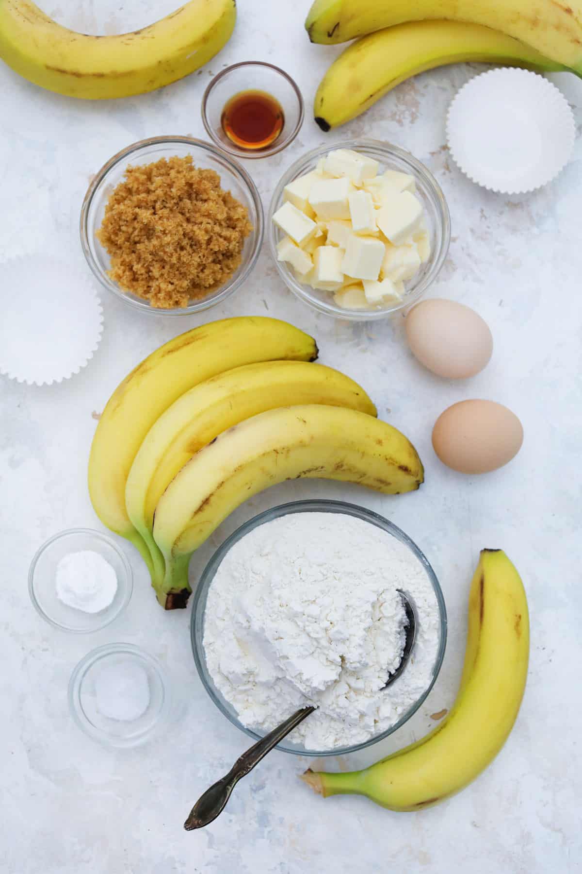 Ingredients for banana crumb muffins. 