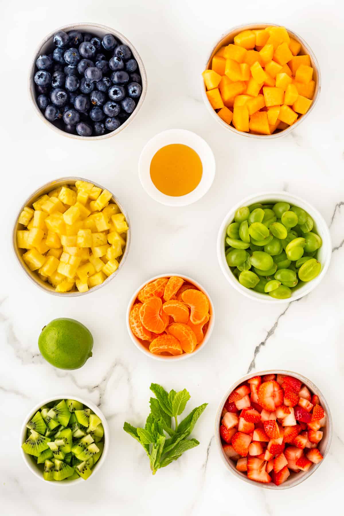 Ingredients for Fruit Salad with Honey Lime Dressing. 