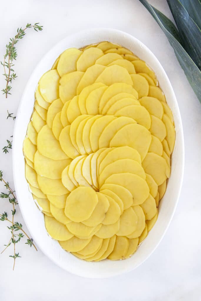 Slices of potatoes laid out in a circular fashion in an oval baking dish.