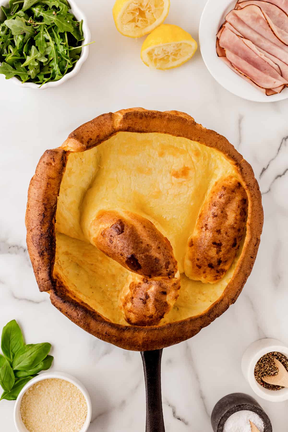Overhead of a Dutch Baby pancake unfilled. 