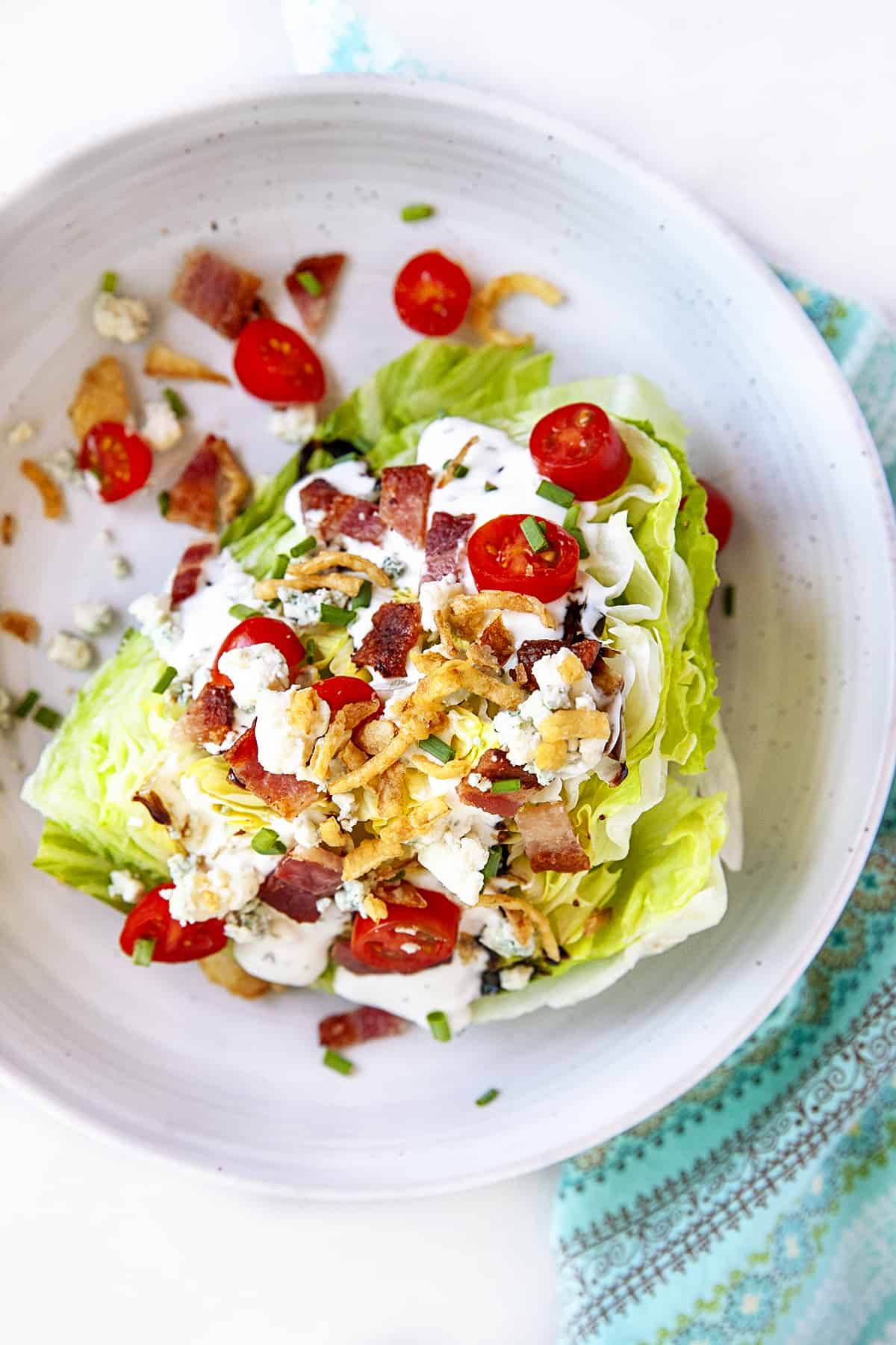 Overhead shot of a wedge salad. 