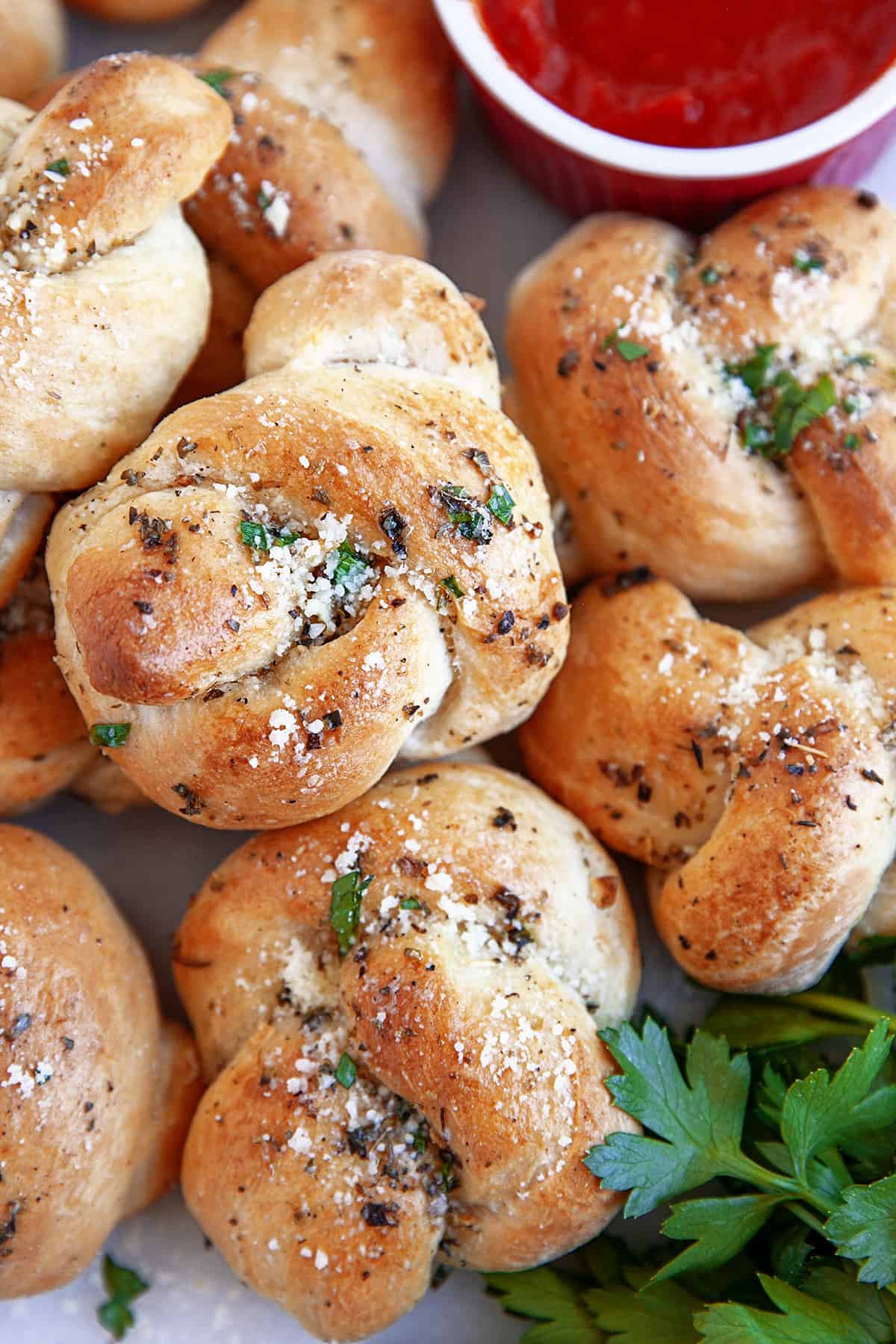 Close-up overhead of garlic knots baked. 