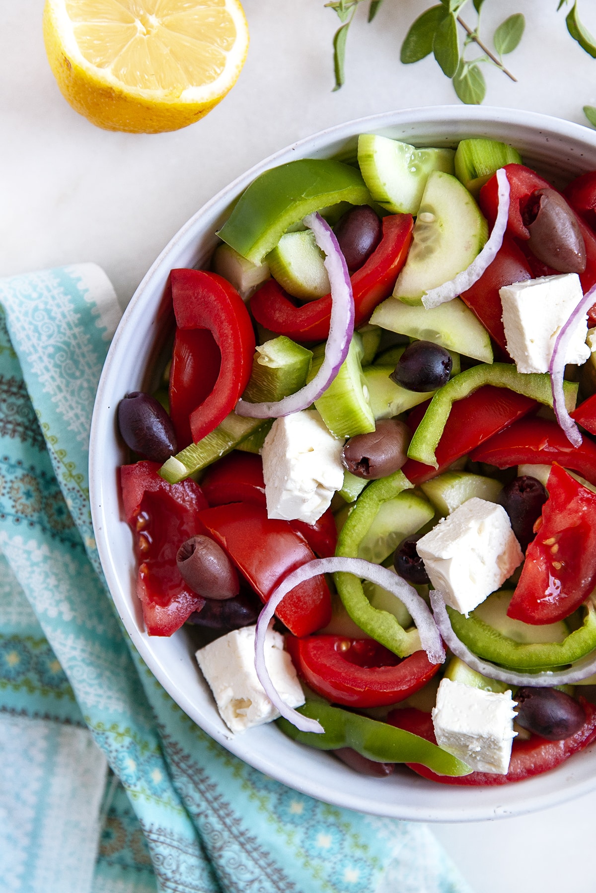 Greek salad before the dressing is added. 