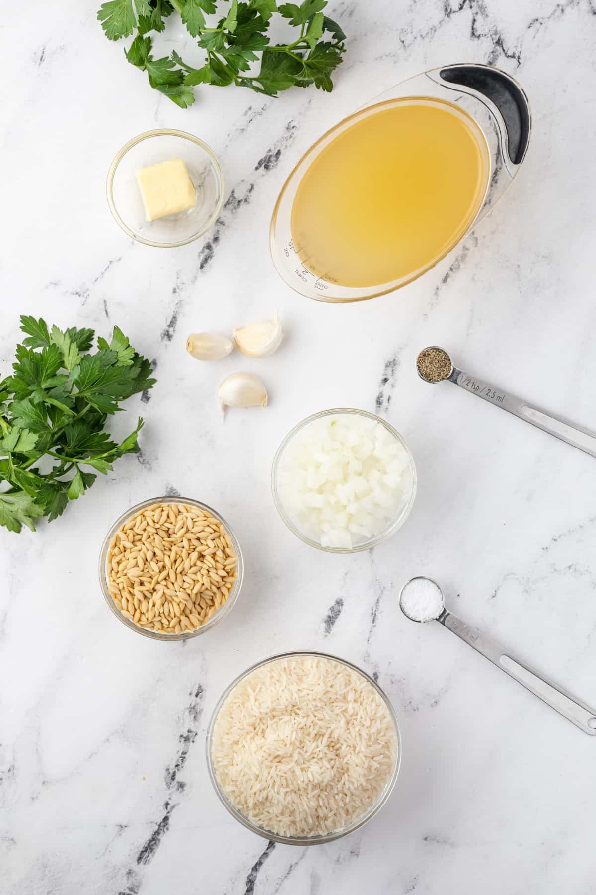 Ingredients for Instant Pot Rice Pilaf with Orzo.