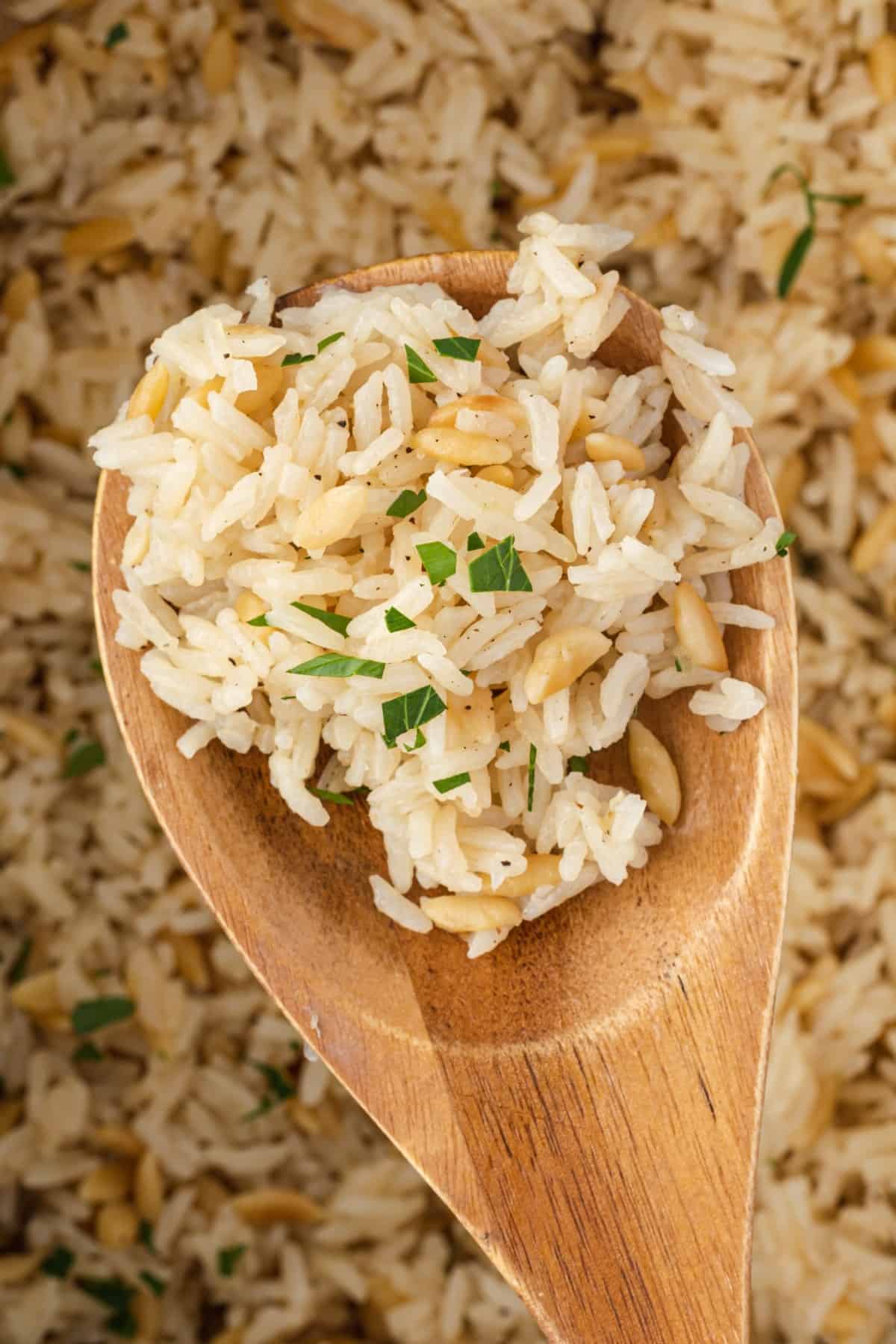 Wooden spoonful of rice pilaf. 