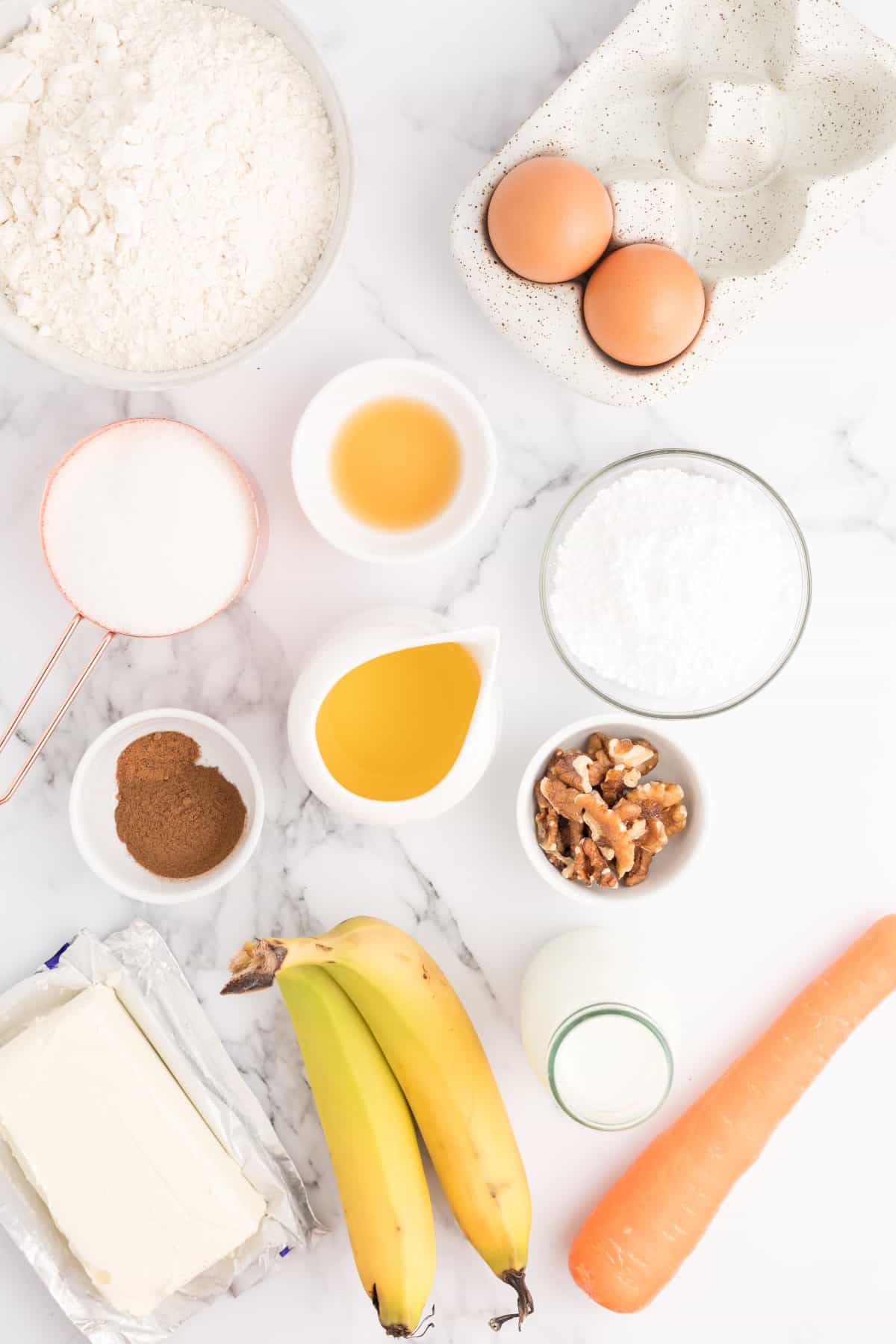 Ingredients for carrot cake banana bread. 
