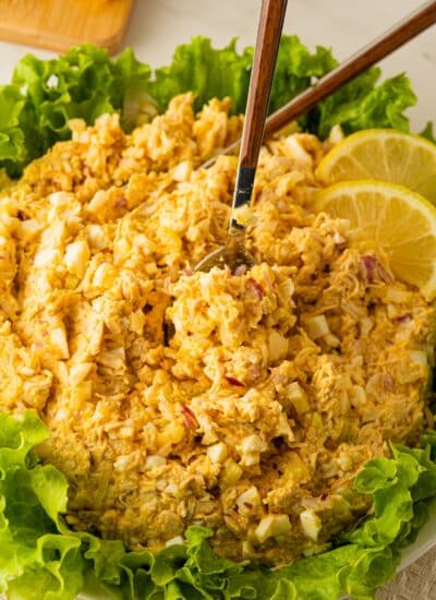 Bowlful of chicken salad with eggs.