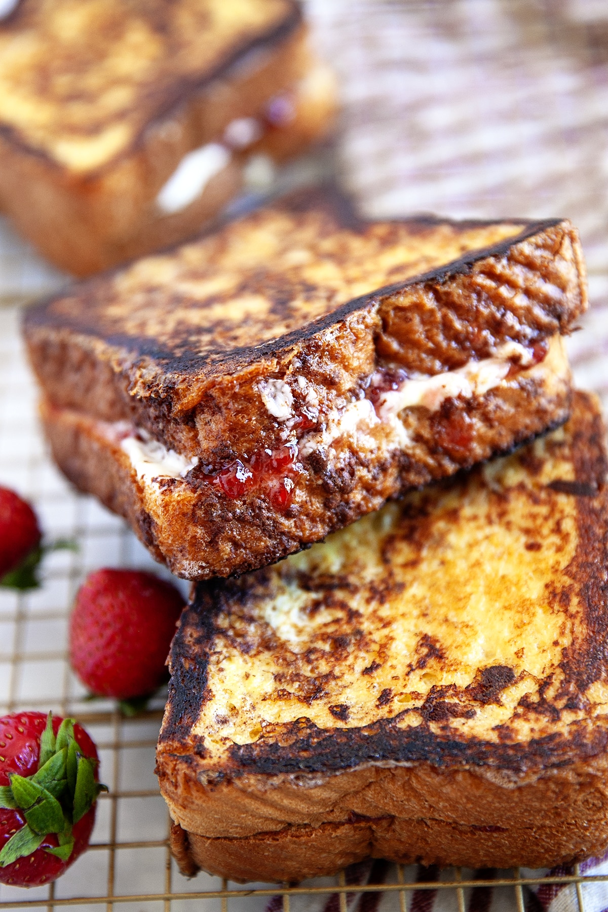 Showing the edge of just cooked stuffed French toast. 
